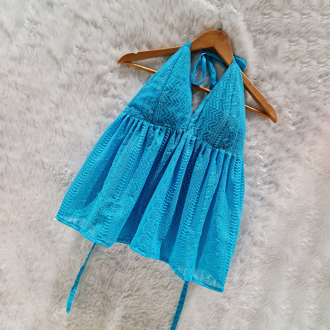 Breezy Beauty: The Flowy Schiffli Halter Top with a Romantic Twist (Removable Padded Top)