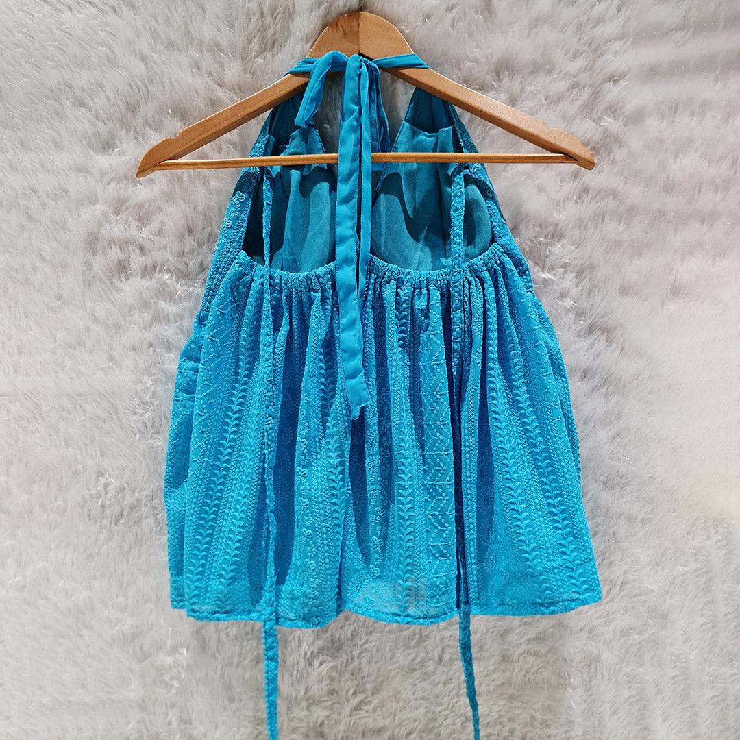 Breezy Beauty: The Flowy Schiffli Halter Top with a Romantic Twist (Removable Padded Top)