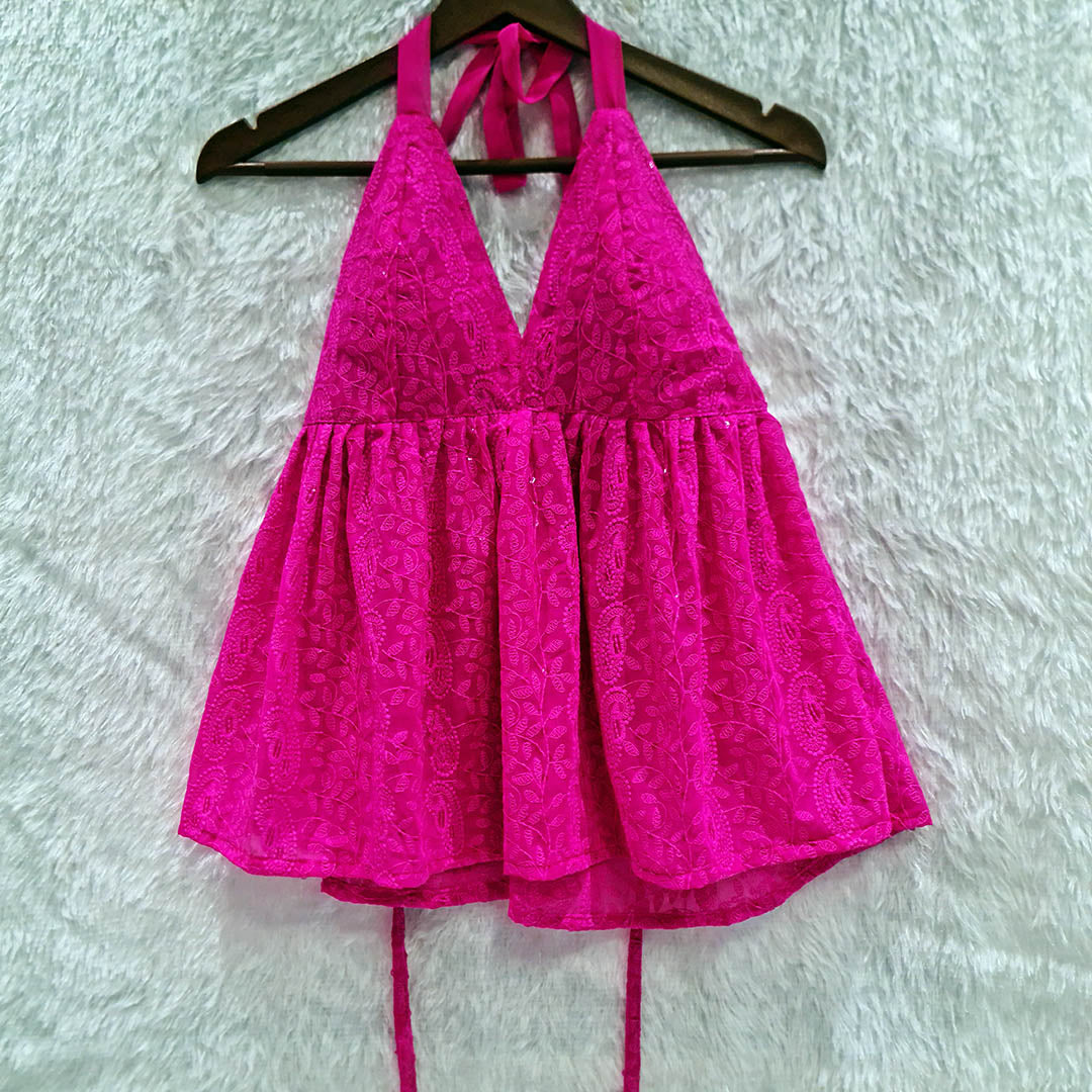 Pretty in Pink:Chikankari Chiffon Halter Neck Padded Top