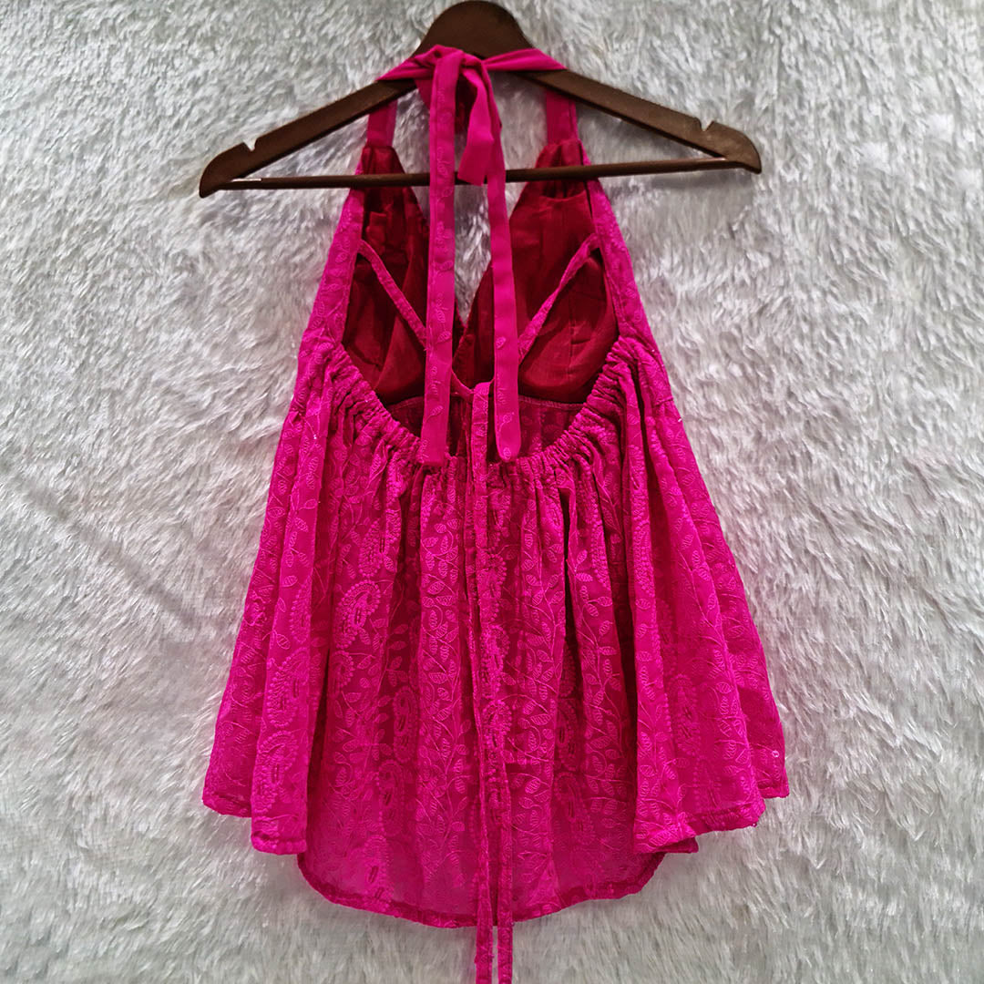 Pretty in Pink:Chikankari Chiffon Halter Neck Padded Top