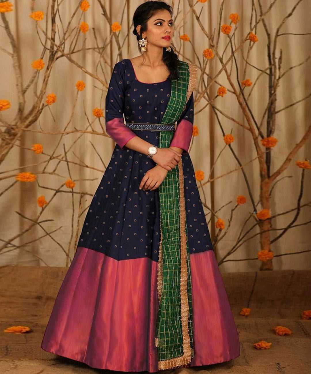 Adorable Designer Wear Blue Satin Silk Anarkali Gown With Silk Chander