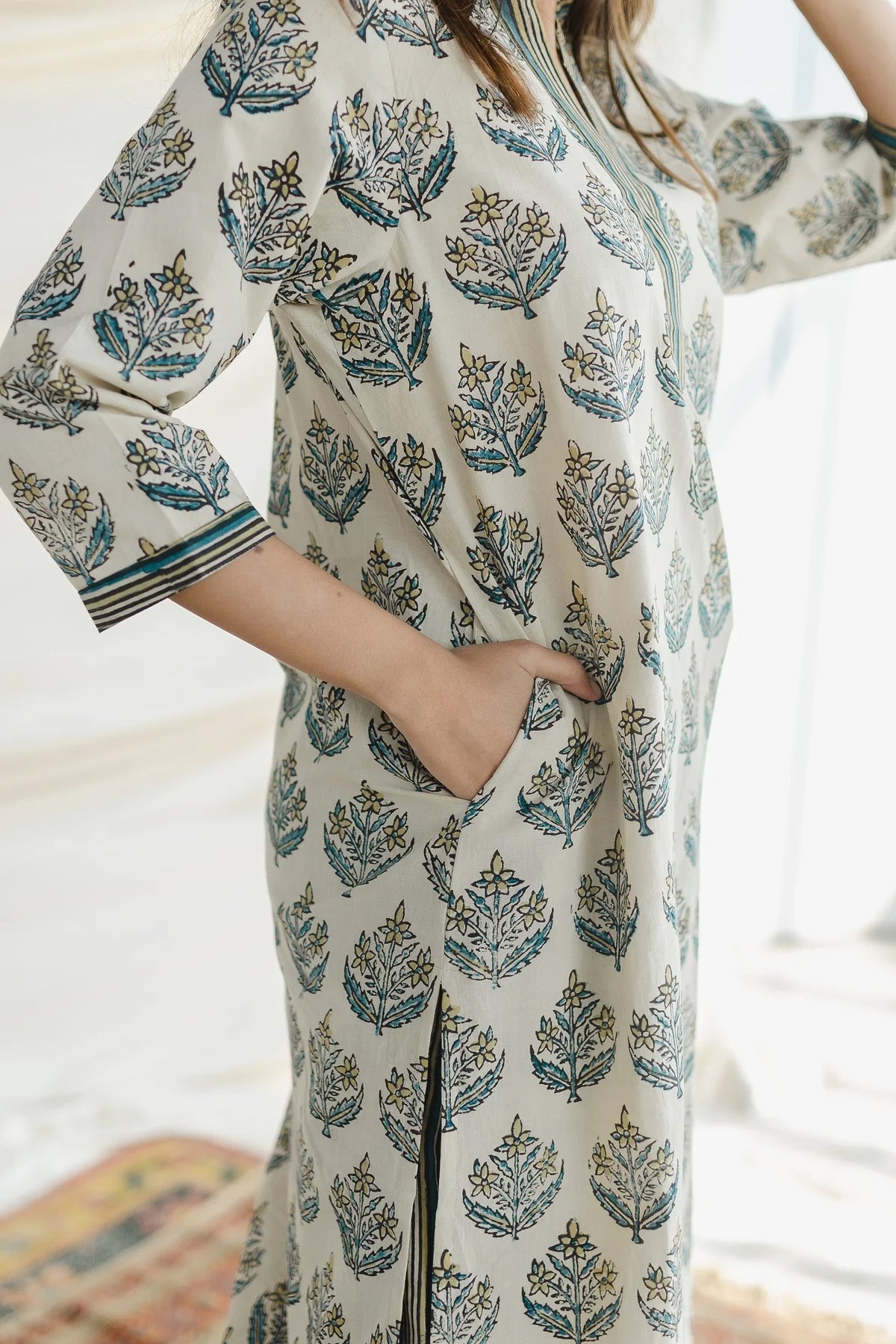 Ajrakh Cotton Kurta Palazzo Set: A comfortable two-piece set featuring a straight kurta and wide-leg palazzo pants, both made from breathable cotton and adorned with traditional Ajrakh block prints.
