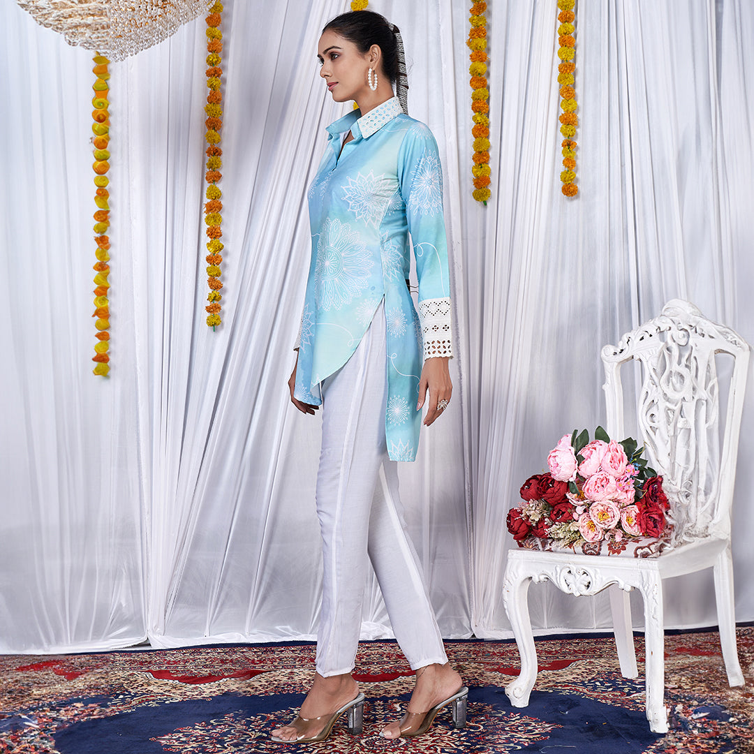 Aqua Blue Printed Up & Down Co-Ord Set