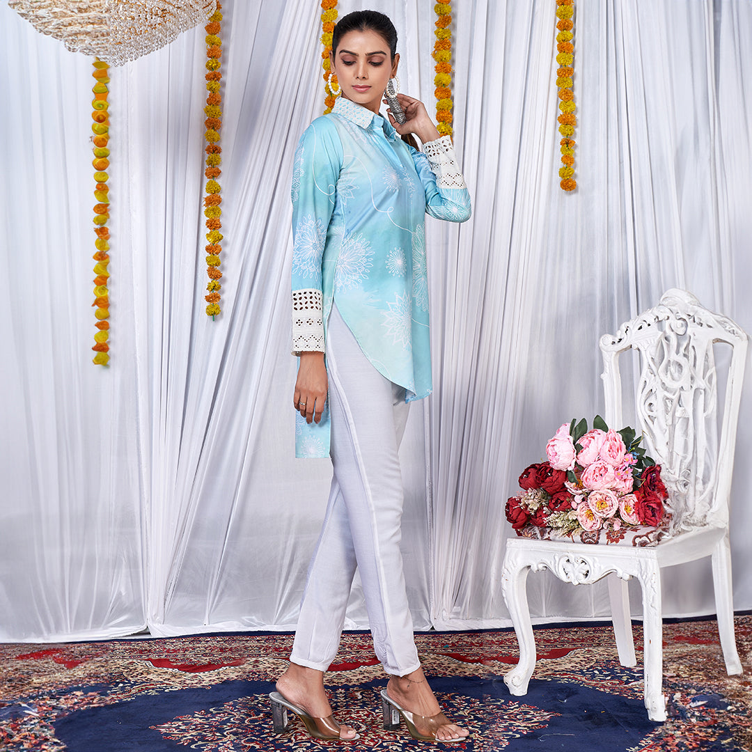 Aqua Blue Printed Up & Down Co-Ord Set