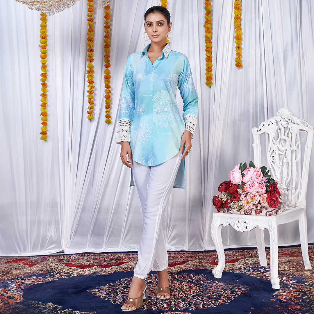 Aqua Blue Printed Up & Down Co-Ord Set