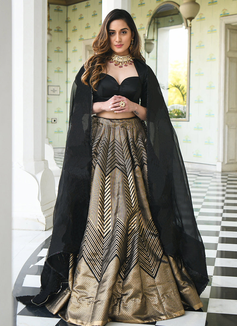Black-Gold Partywear Woven Zari Banarasi Jacquard Lehenga Choli - Main Image