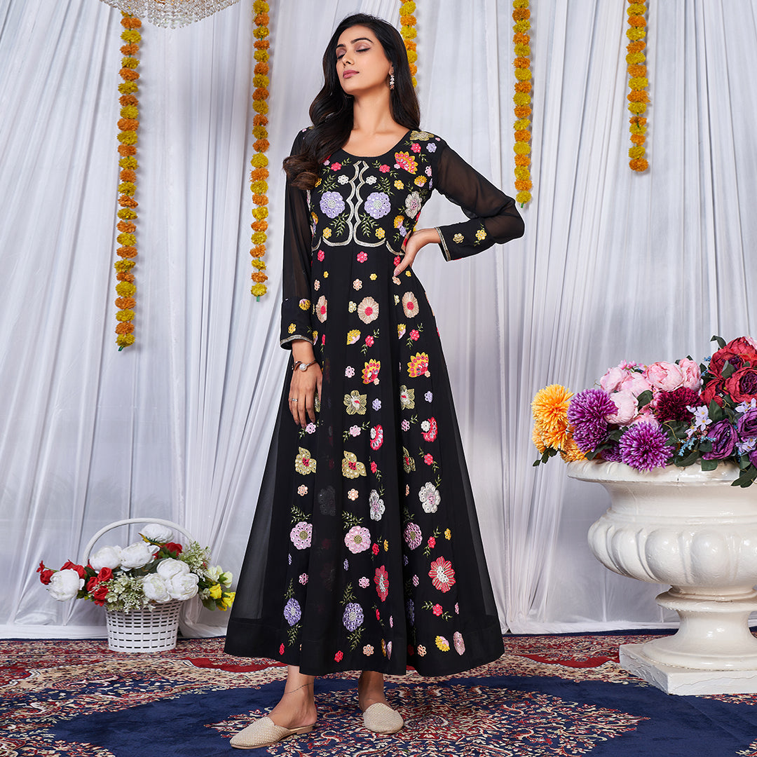 A black Anarkali gown adorned with vibrant multicolor embroidery.