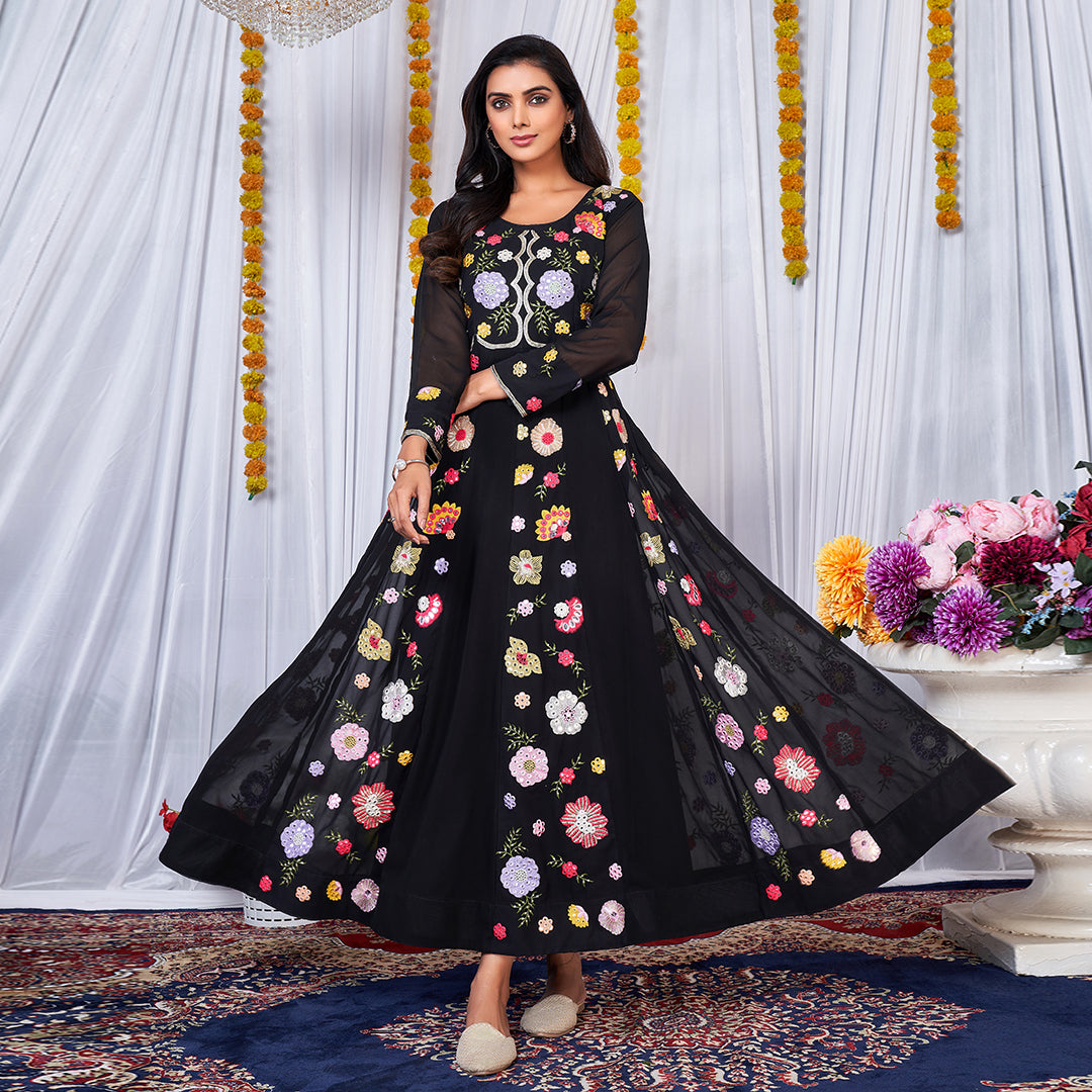 A black Anarkali gown adorned with vibrant multicolor embroidery.