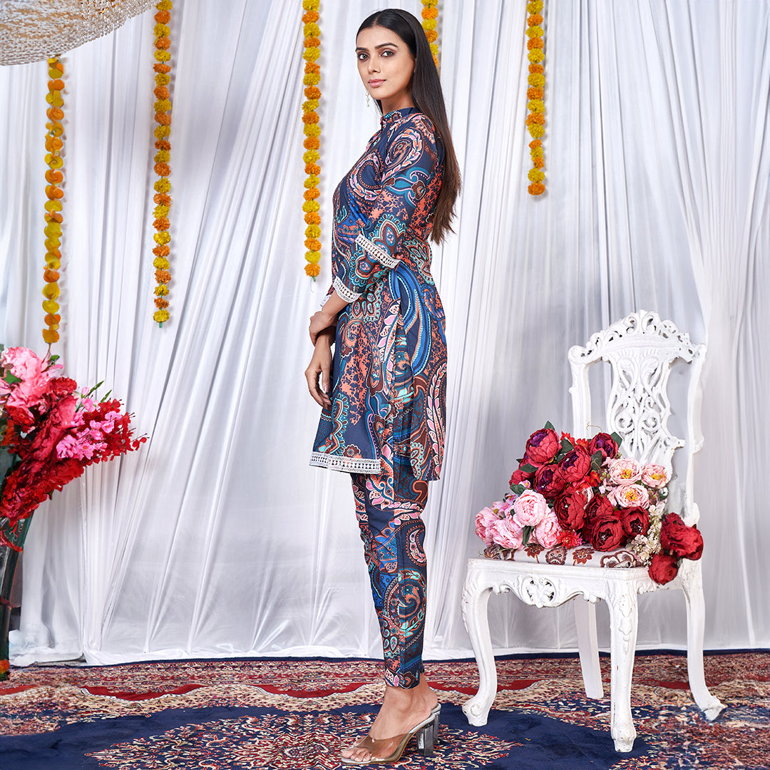 Blue paisley print co-ord set, a fashionable and coordinated outfit with intricate patterns.