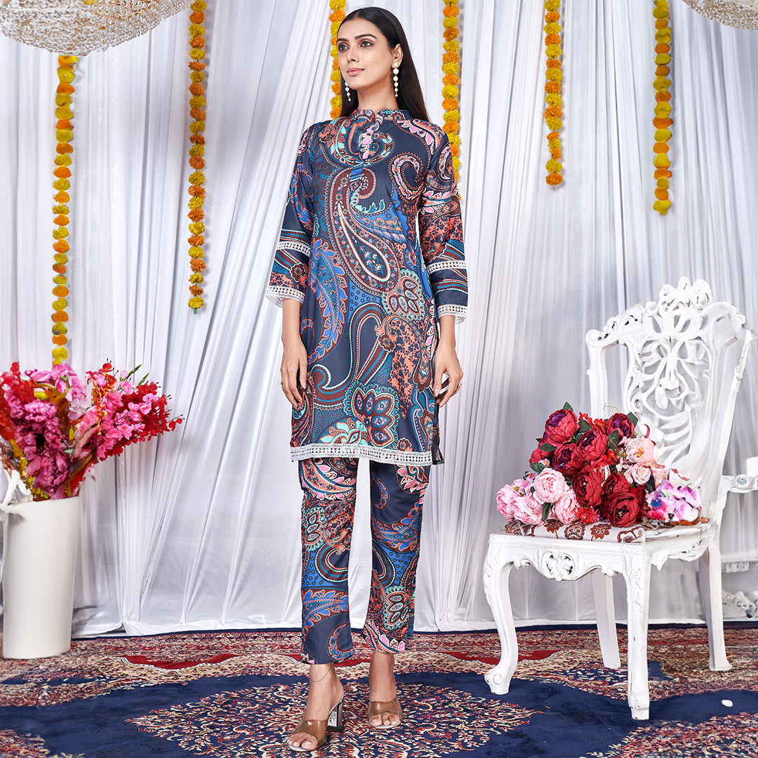 Blue paisley print co-ord set, a fashionable and coordinated outfit with intricate patterns.