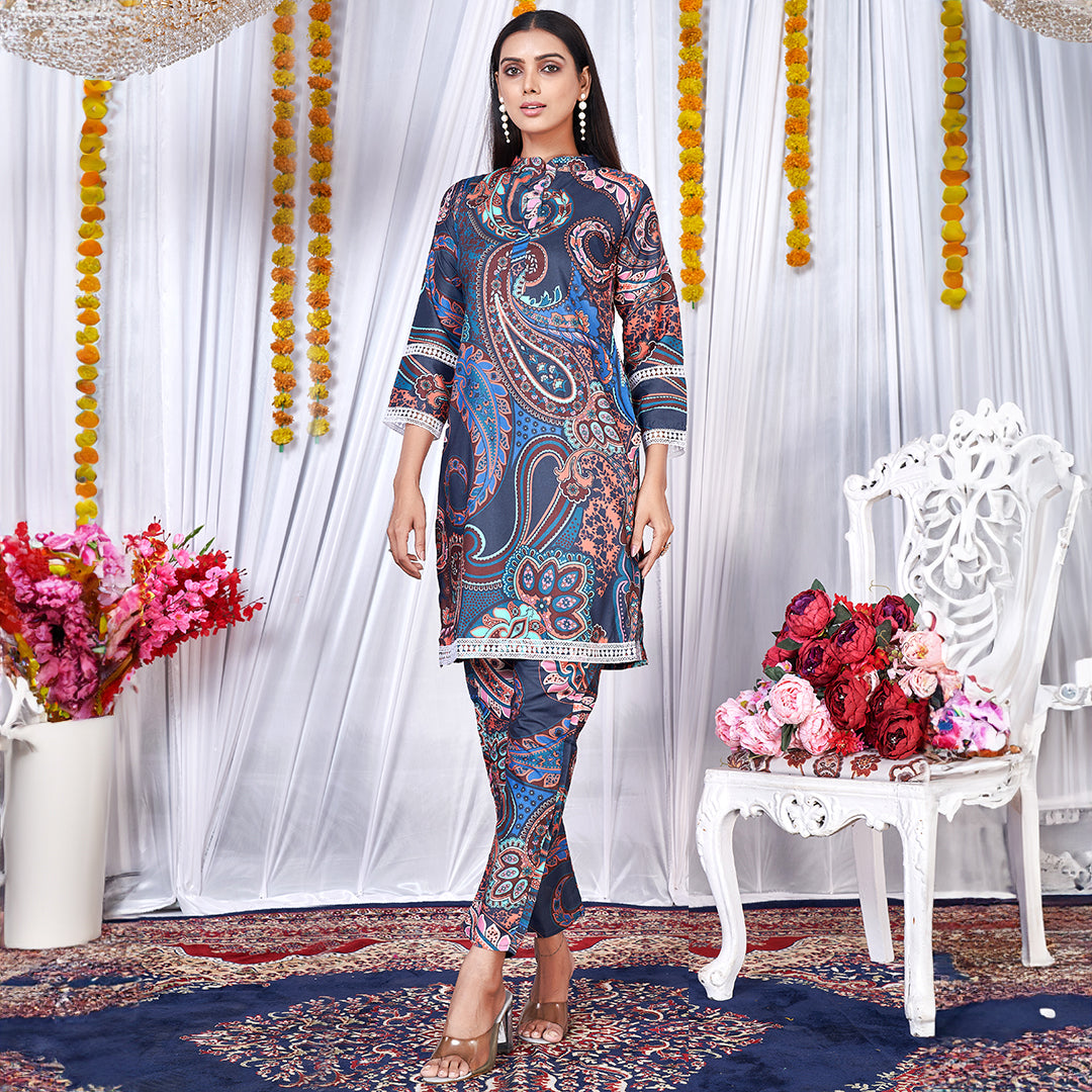 Blue paisley print co-ord set, a fashionable and coordinated outfit with intricate patterns.