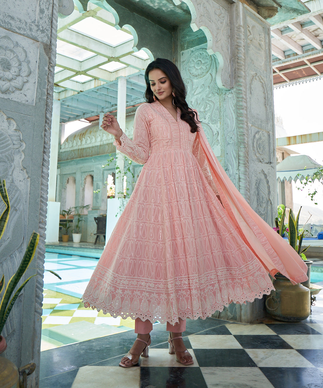 Burnt Peach Rayon Anarkali Suit Set - Main Image