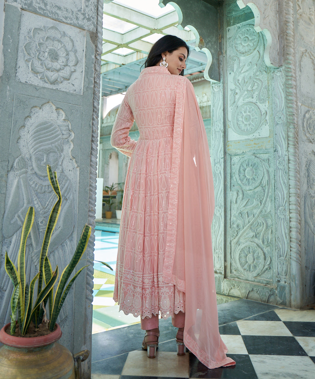 Burnt peach rayon Anarkali suit set featuring a flowing silhouette and elegant design