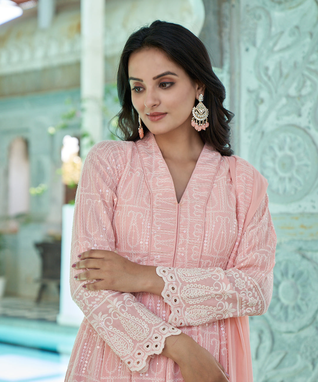 Burnt peach rayon Anarkali suit set featuring a flowing silhouette and elegant design