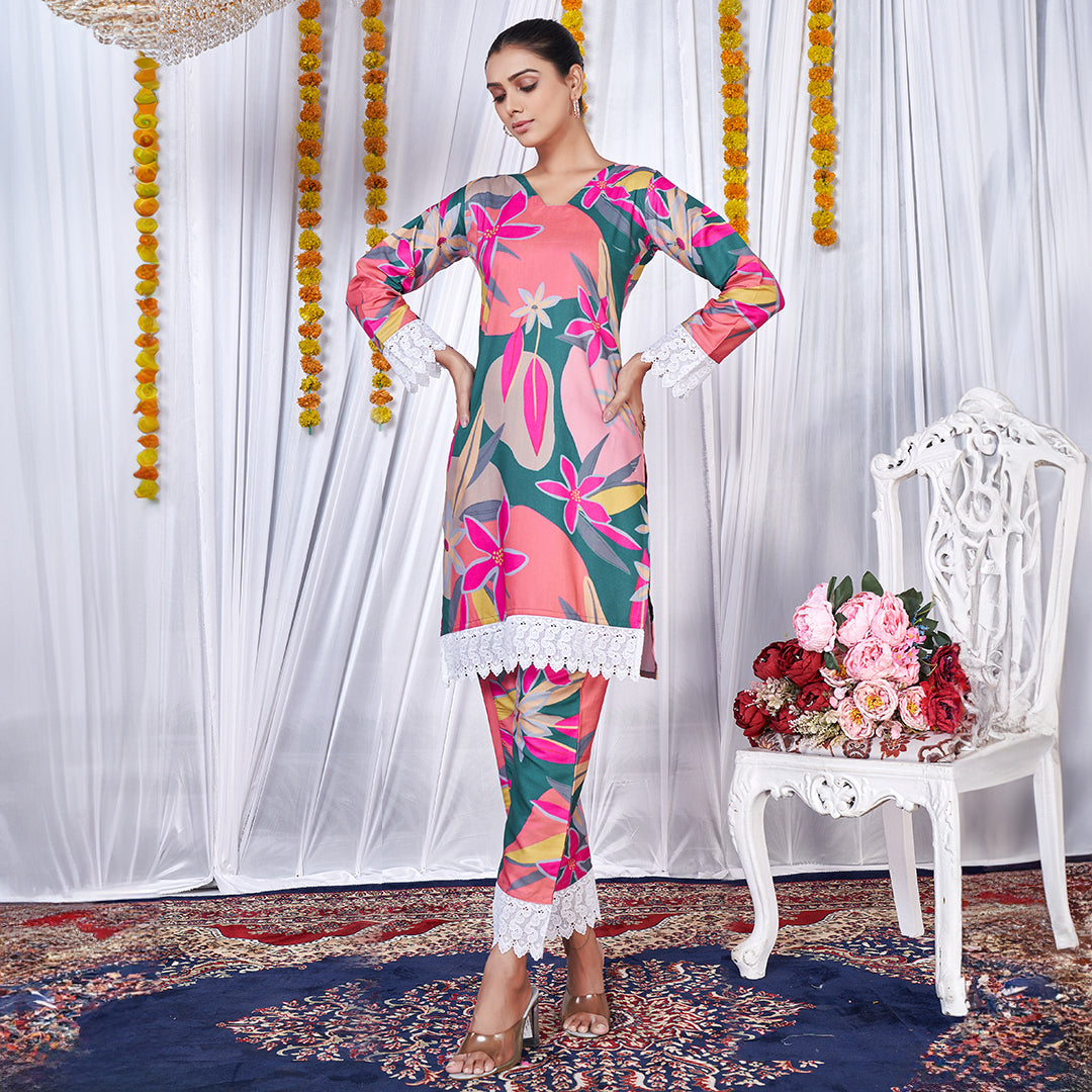 Candy pink printed co-ord set, a playful and chic matching outfit.