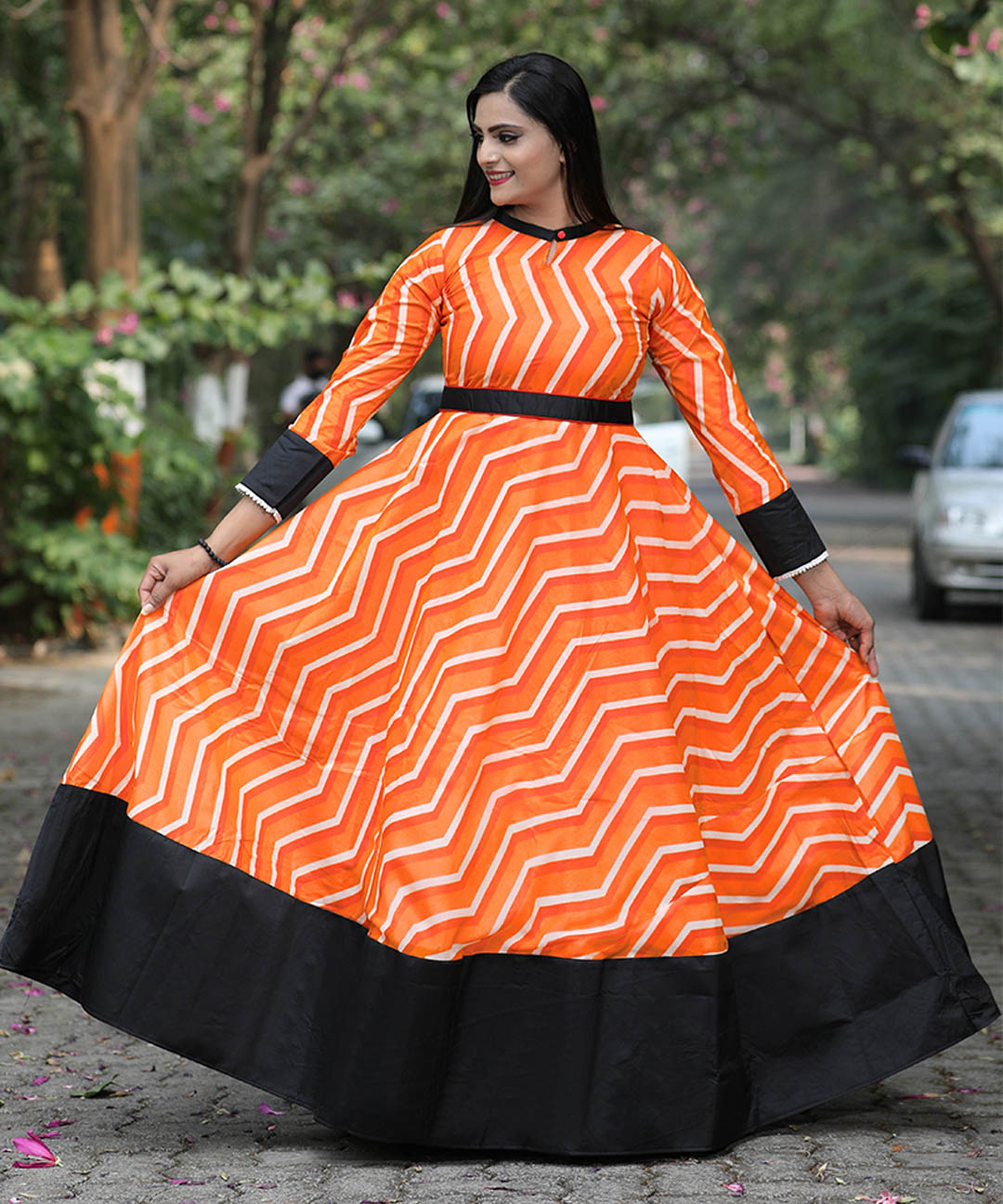 Digital print faux georgette Indo-Western readymade gown, merging traditional and contemporary styles seamlessly.