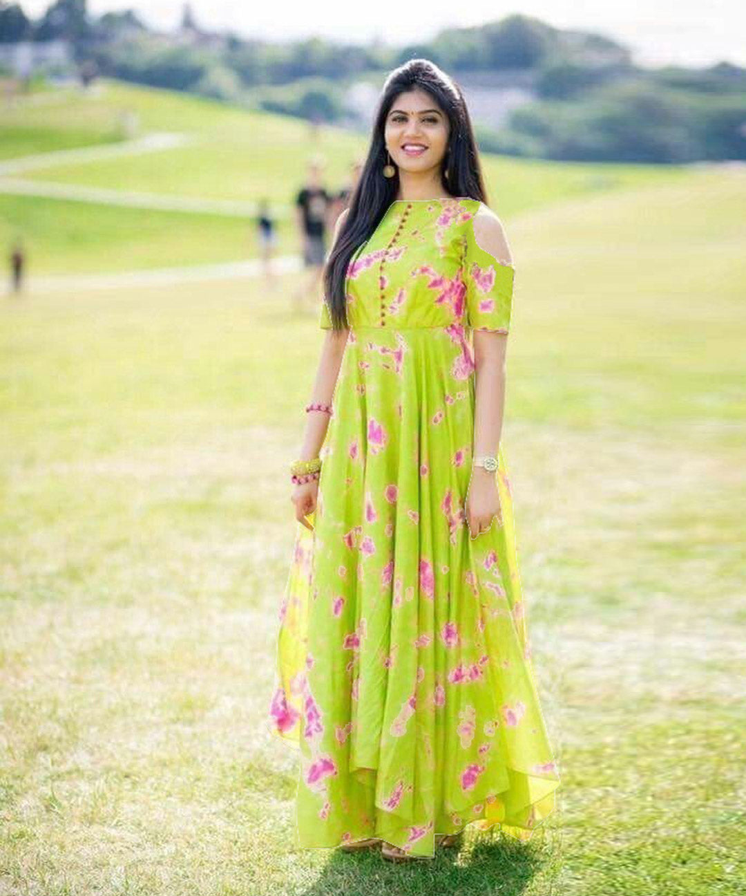 Digital Printed Designer Wear Cold Shoulder Long Faux Georgette Gown