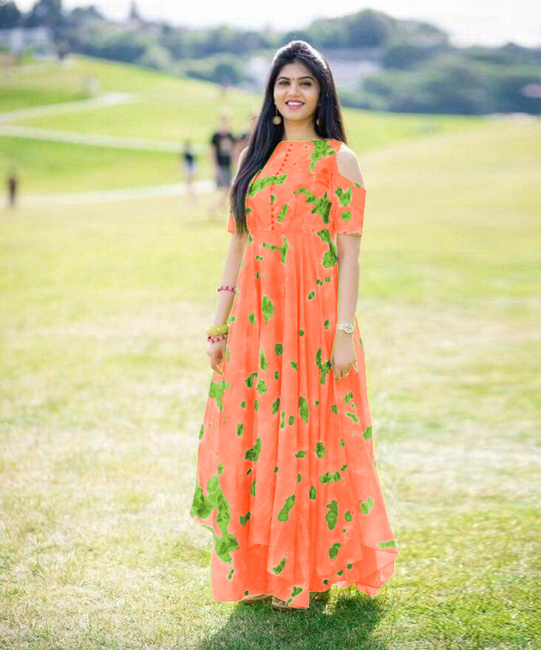 Digital Printed Designer Wear Cold Shoulder Long Faux Georgette Gown