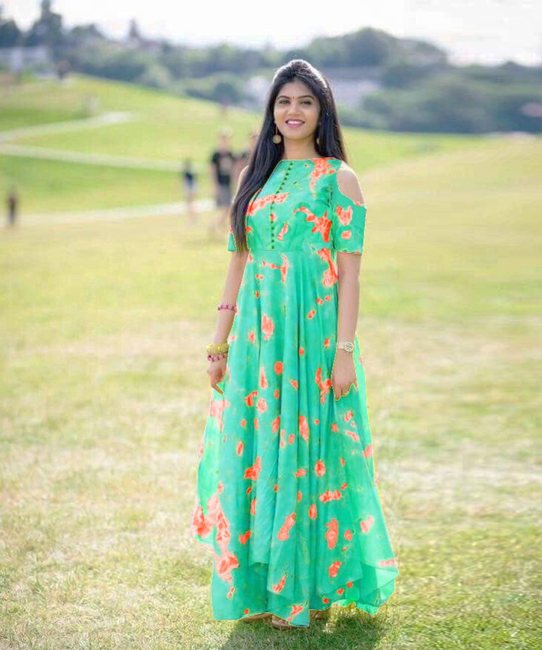 Digital Printed Designer Wear Cold Shoulder Long Faux Georgette Gown