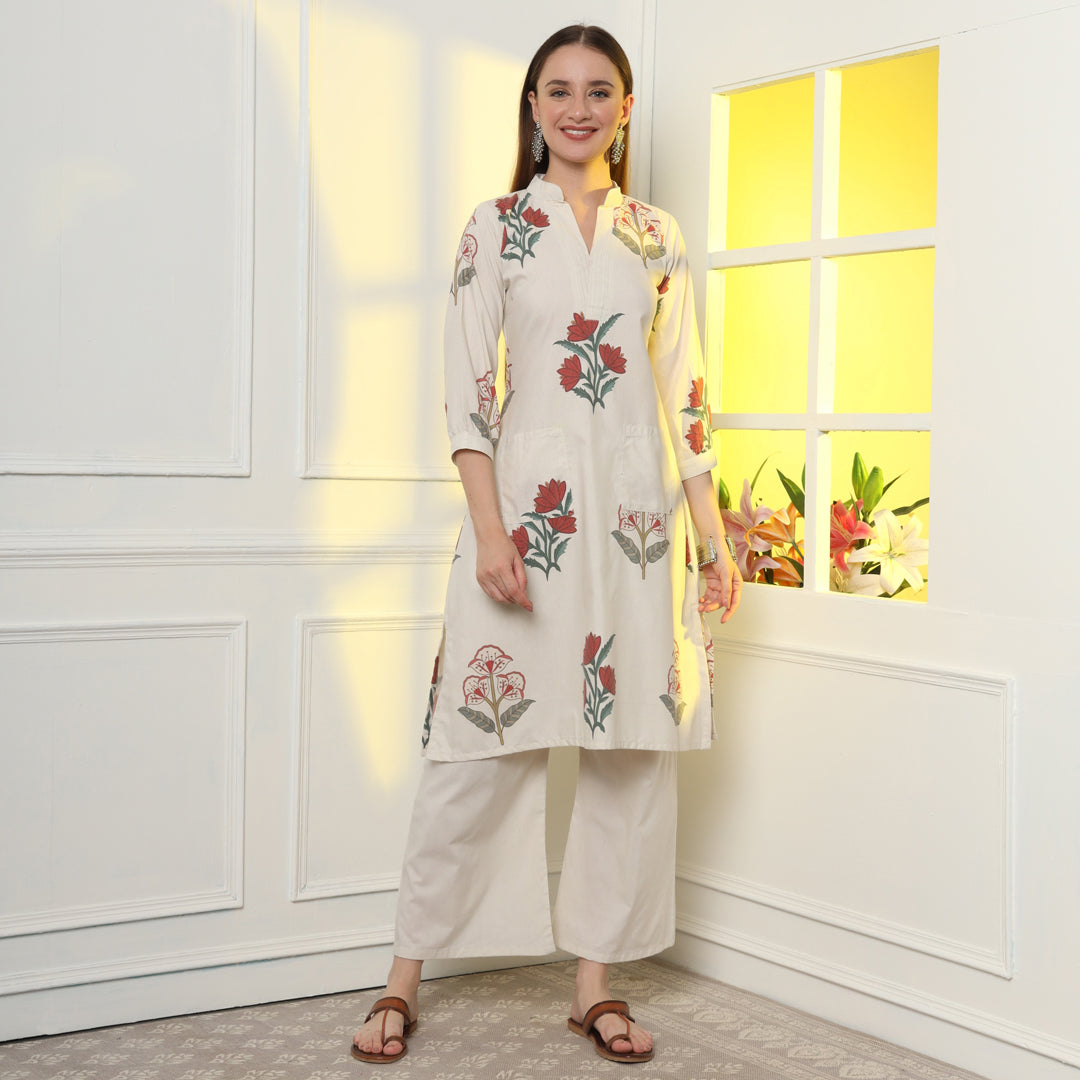 "An exquisite Mughal print linen kurta set showcasing effortless elegance and cool comfort."