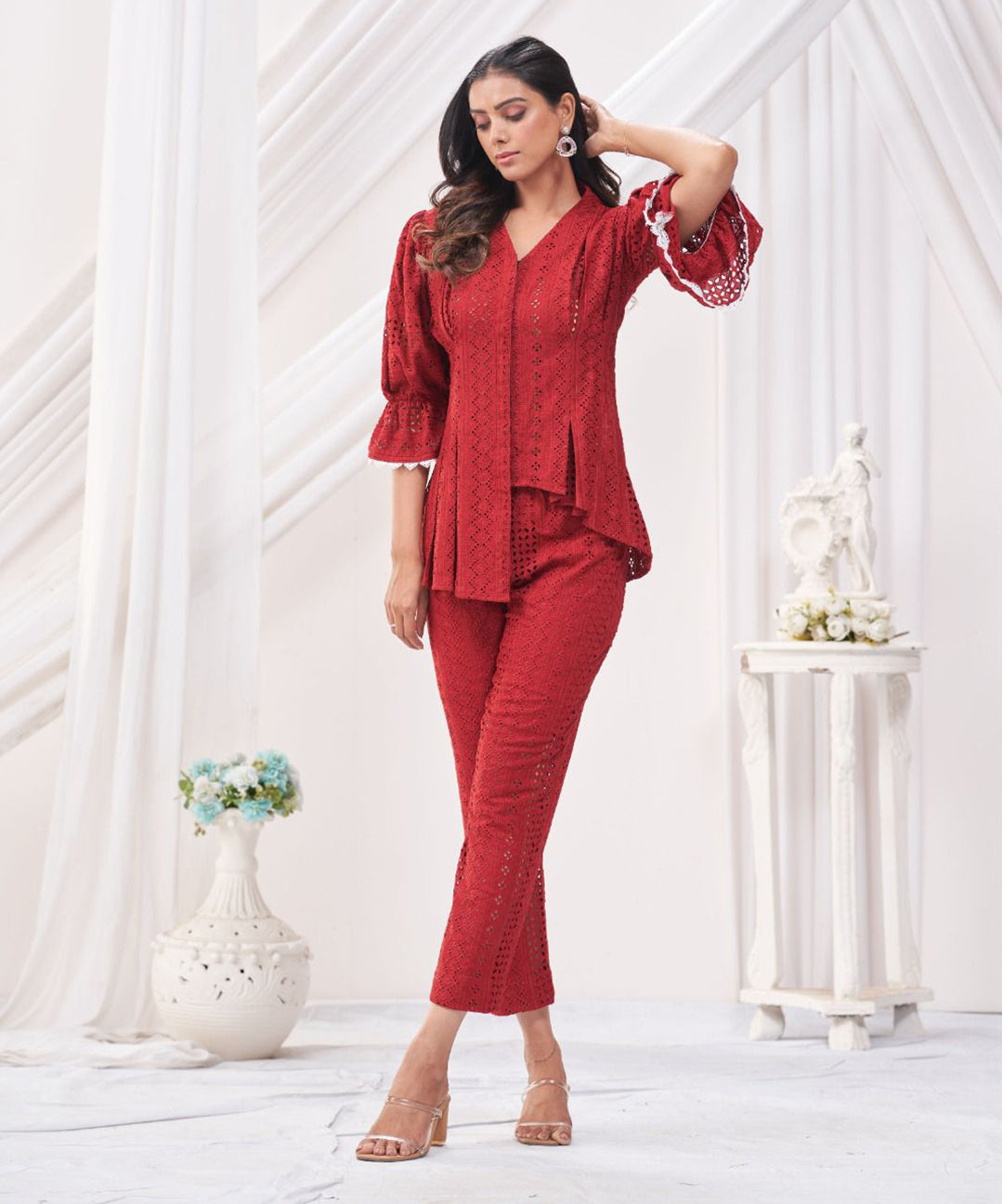 Electric red Juliet sleeve co-ord set