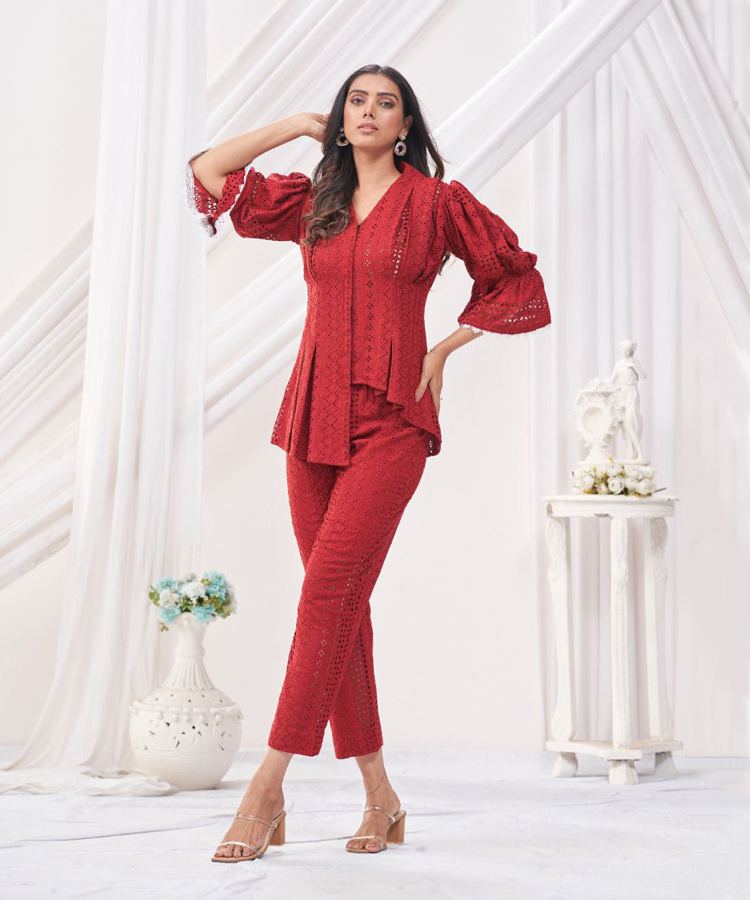 Electric red Juliet sleeve co-ord set