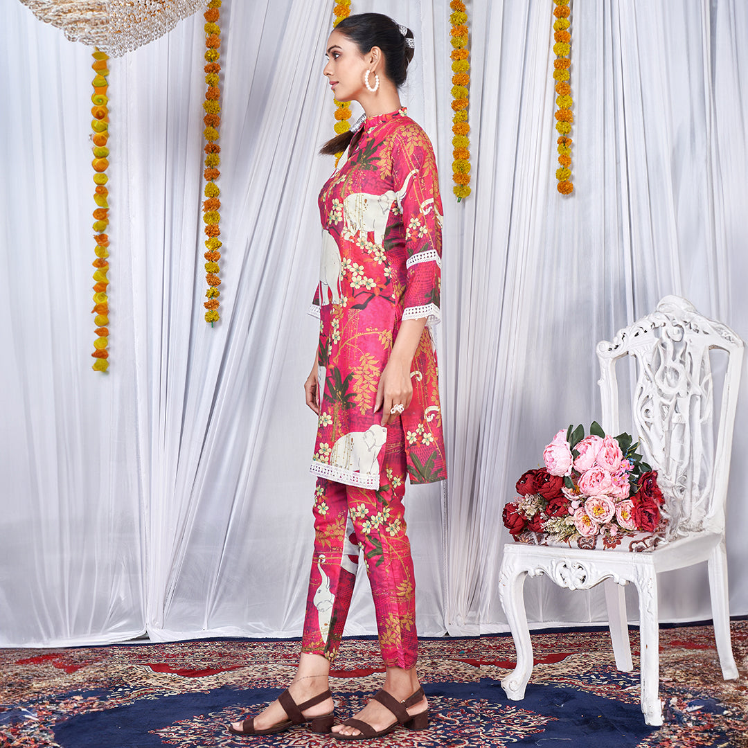 Elephant print multi-color co-ord set, a vibrant and playful matching outfit.