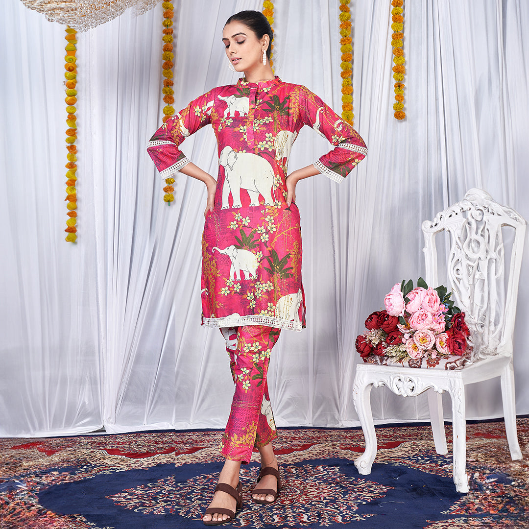 Elephant print multi-color co-ord set, a vibrant and playful matching outfit.