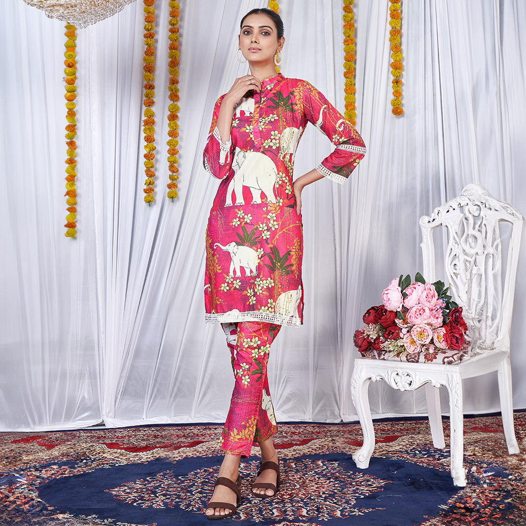 Elephant print multi-color co-ord set, a vibrant and playful matching outfit.