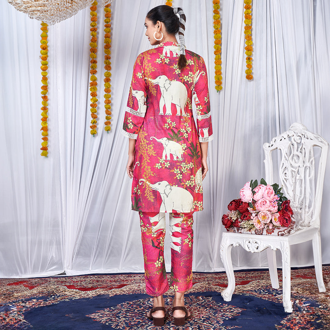 Elephant print multi-color co-ord set, a vibrant and playful matching outfit.