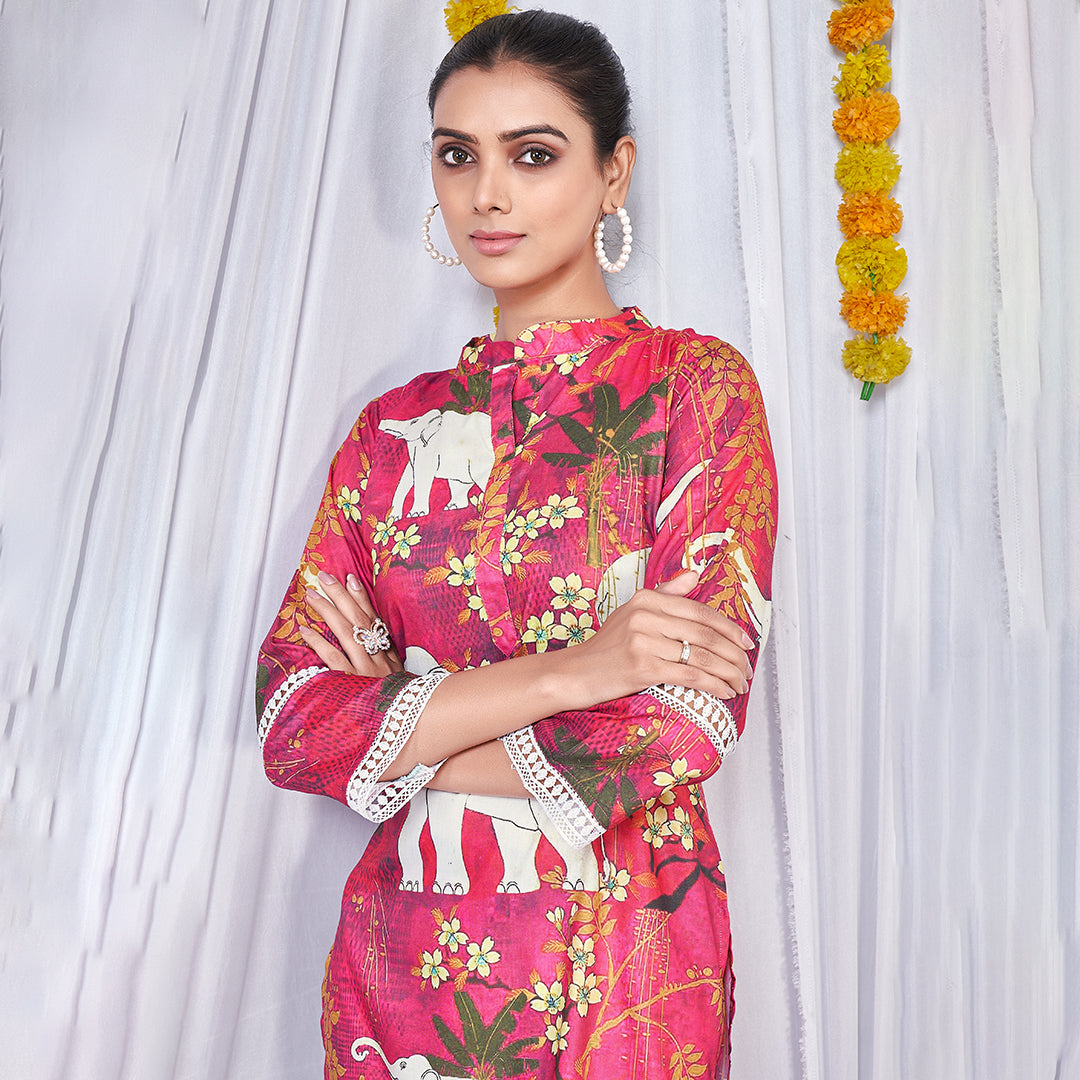 Elephant print multi-color co-ord set, a vibrant and playful matching outfit.