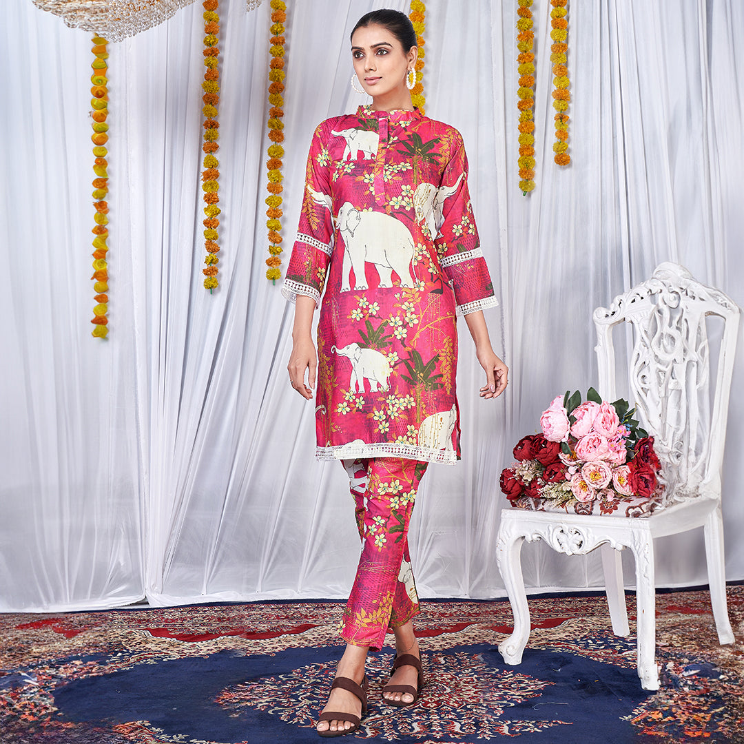 Elephant print multi-color co-ord set, a vibrant and playful matching outfit.