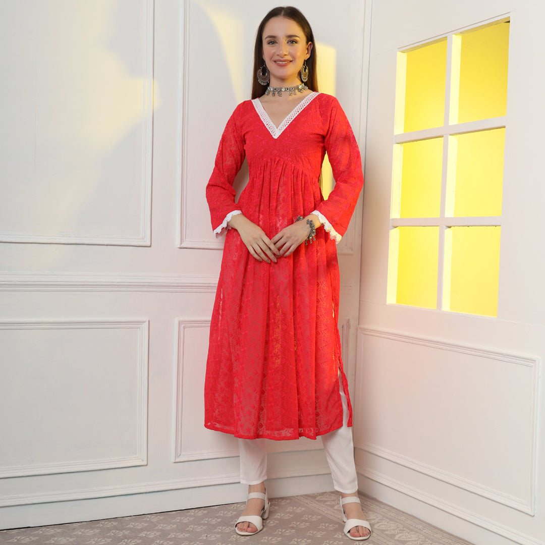 "Enhance your silhouette with floral elegance in the A-line kurta set."