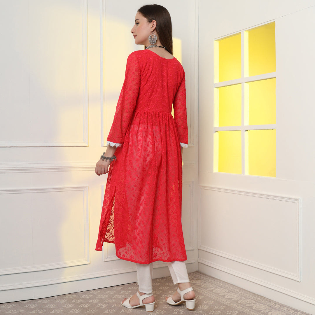 "Enhance your silhouette with floral elegance in the A-line kurta set."