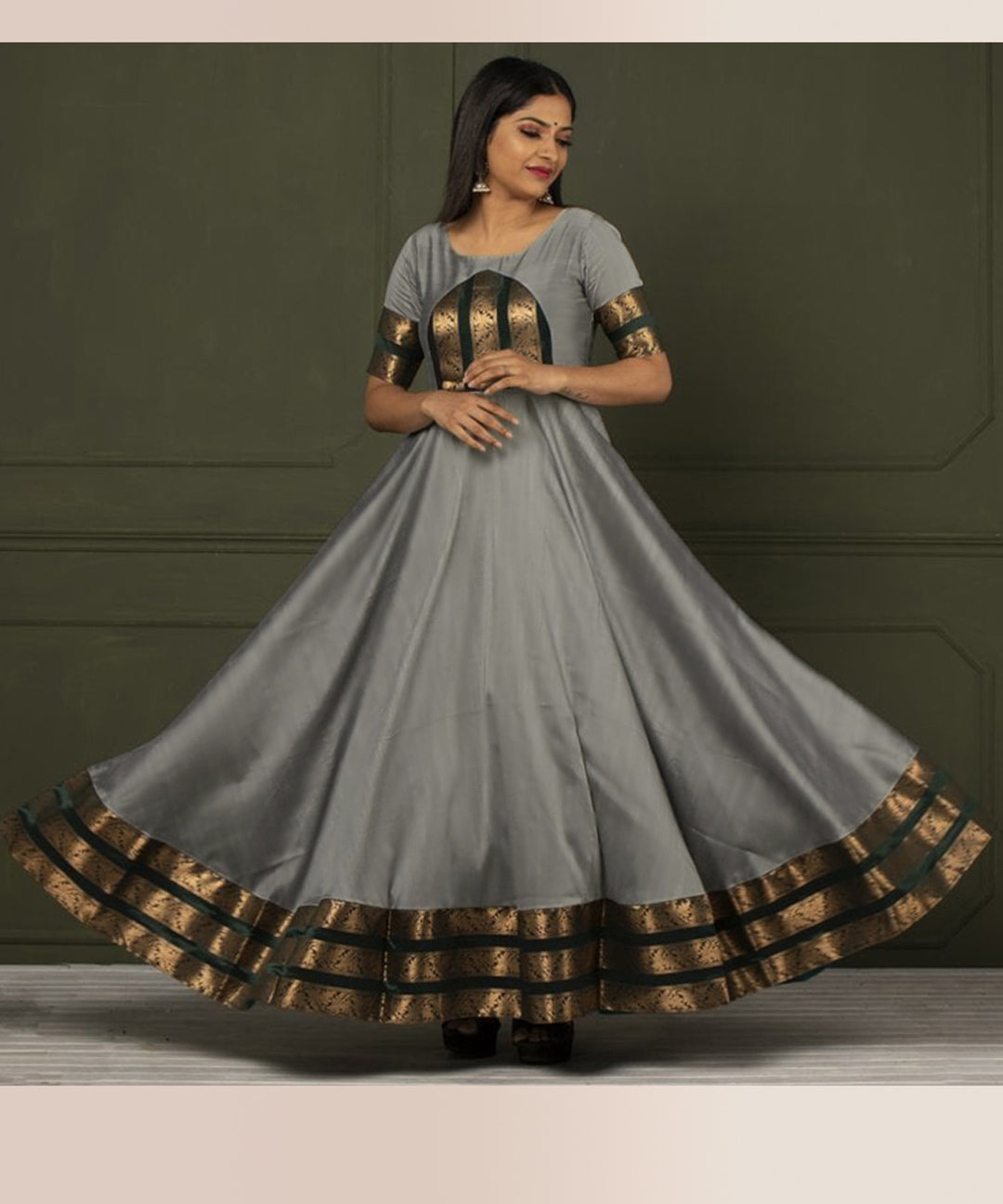 Glorious Grey Colored Festive Wear Woven Tapetta Silk Gown