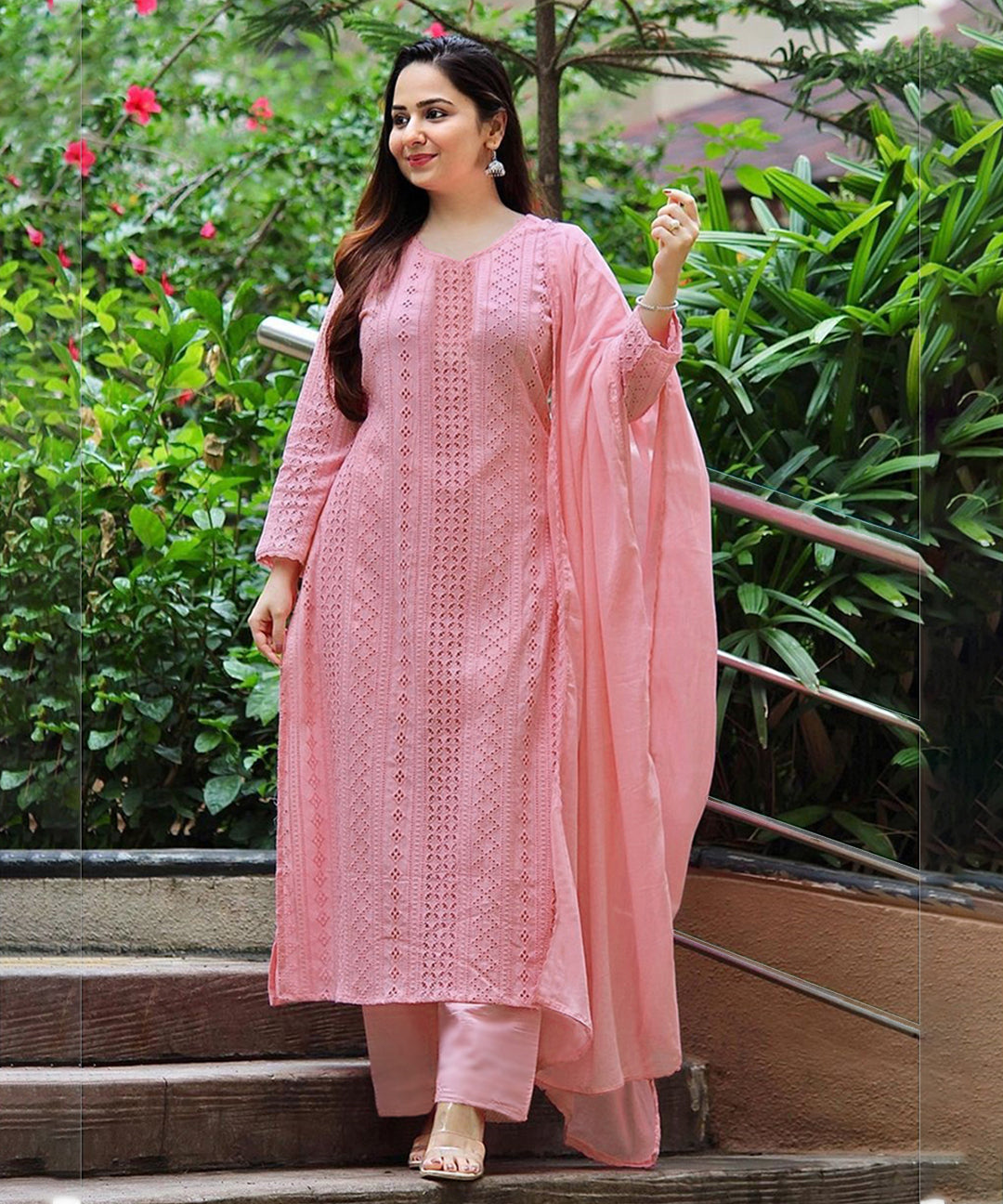 Glorious pink rayon straight Chikankari embroidered salwar suit featuring intricate detailing and a stylish design