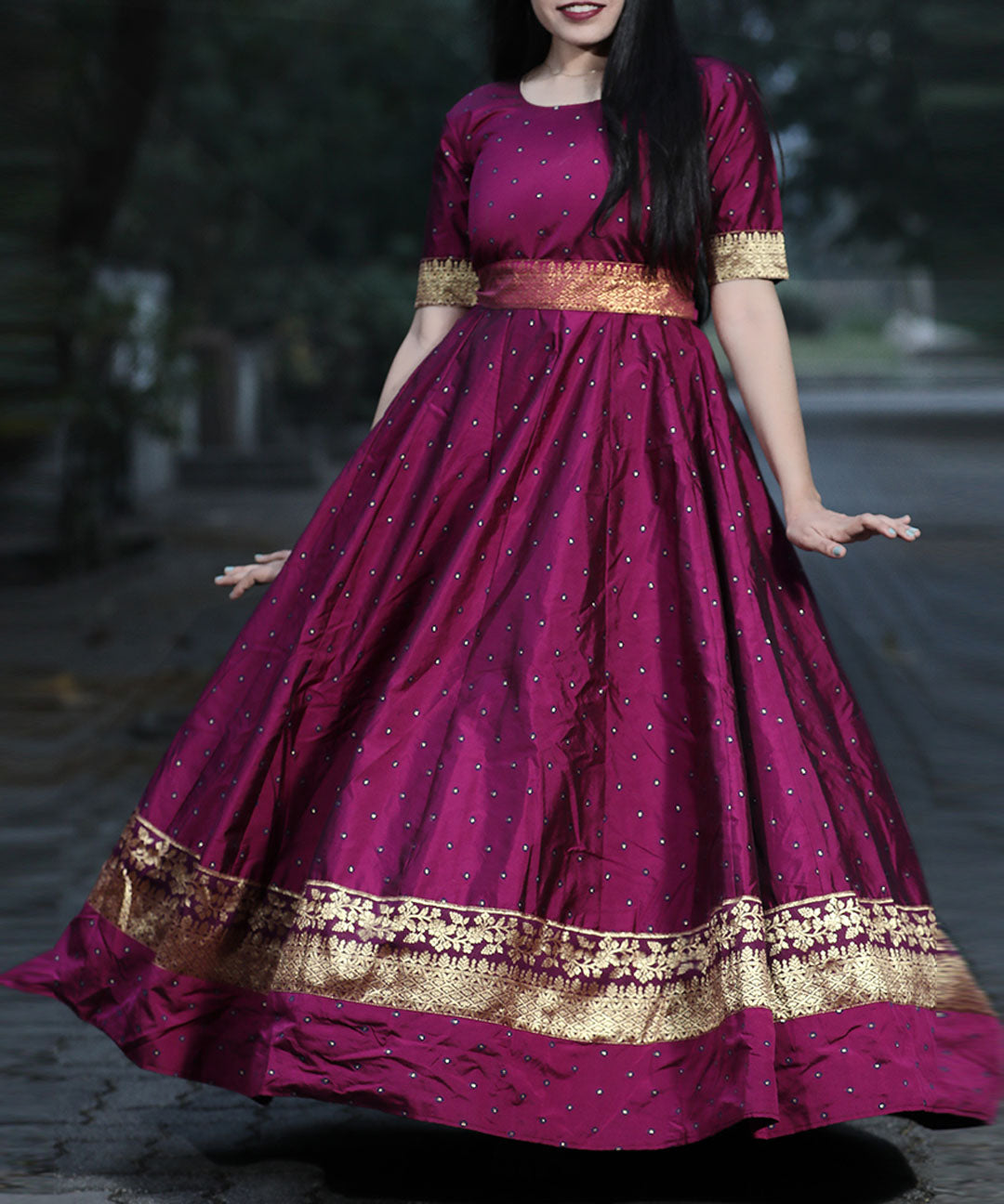 Glorious purple colored partywear jacquard silk ready-made gown, perfect for elegant occasions.