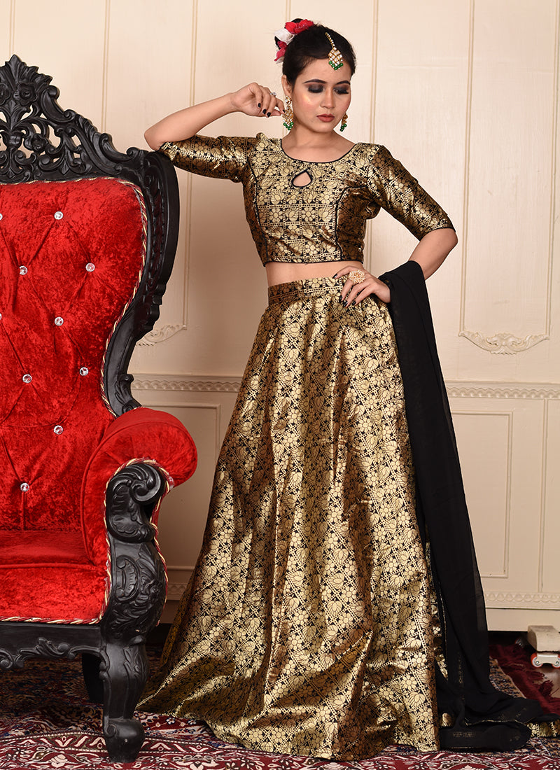 Black lehenga with gold woven details, ready to wear with blouse and dupatta.