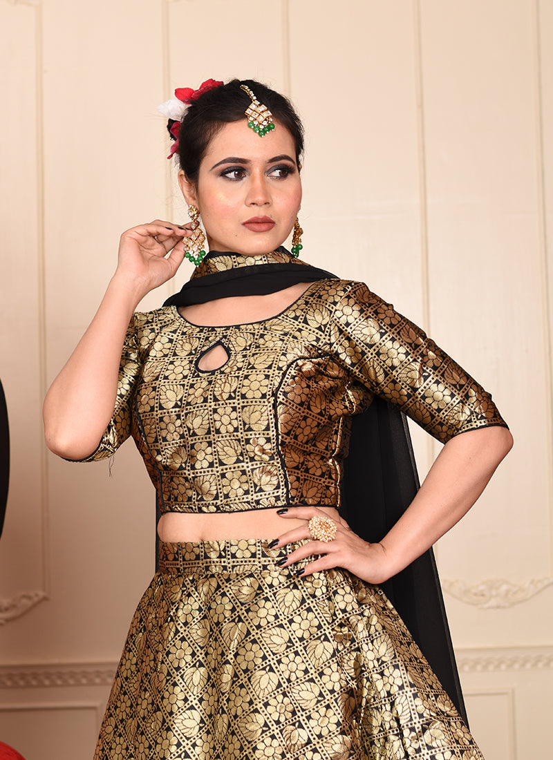 Black lehenga with gold woven details, ready to wear with blouse and dupatta.