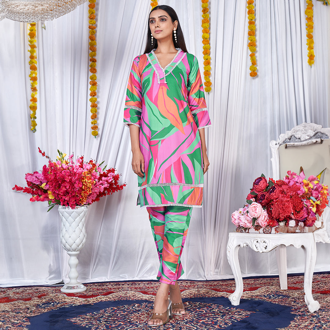 Green floral printed co-ord set, a fresh and stylish matching ensemble.