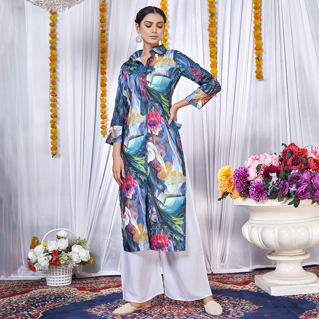 Hot multicolor floral printed co-ord set, a vibrant and bold matching outfit.