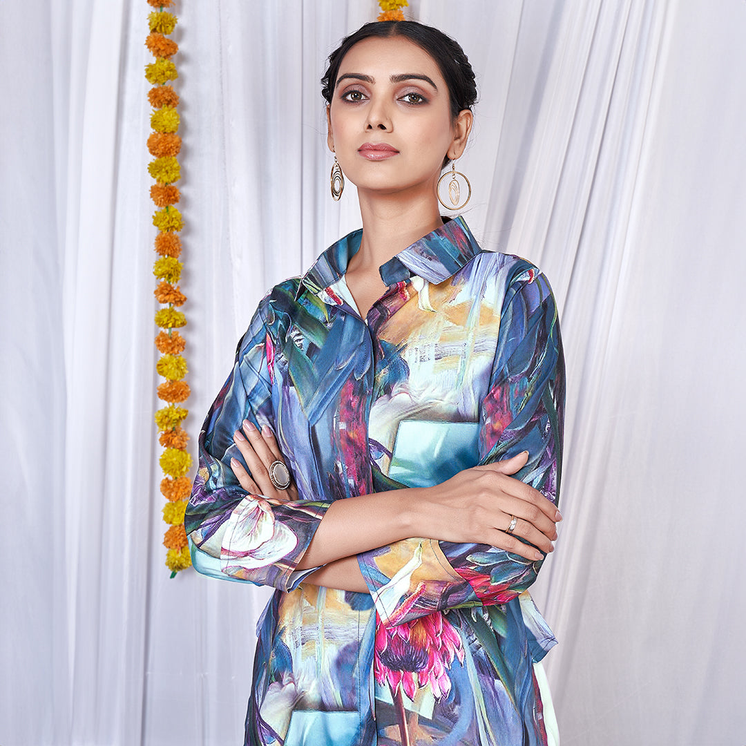 Hot multicolor floral printed co-ord set, a vibrant and bold matching outfit.