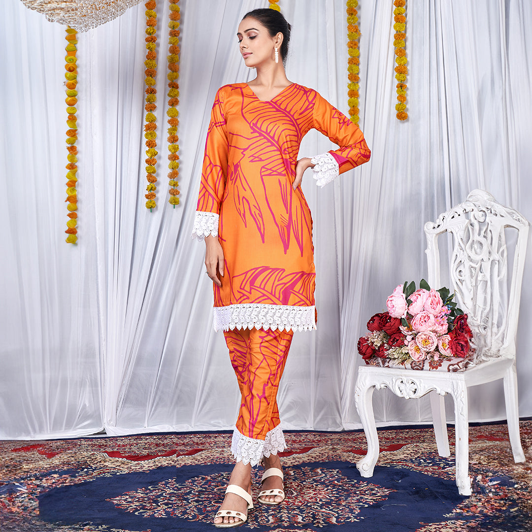 Hot orange printed co-ord set, a bold and vibrant matching ensemble.