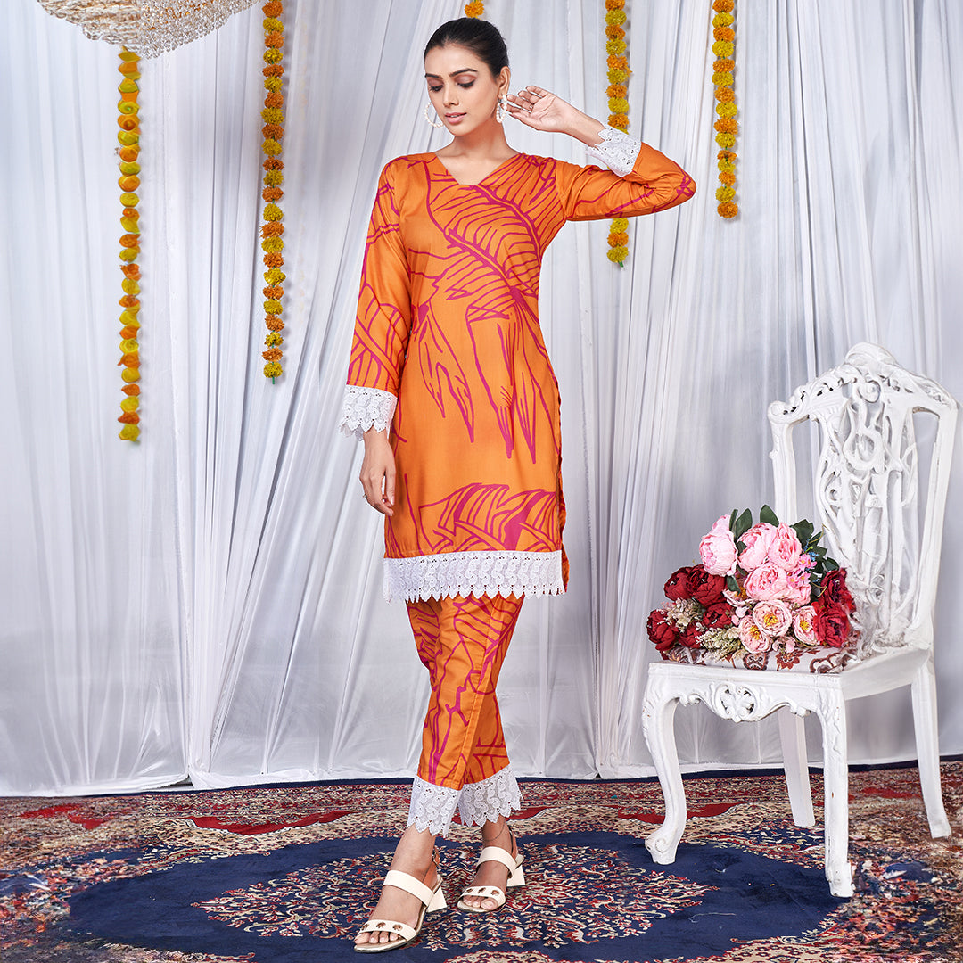 Hot orange printed co-ord set, a bold and vibrant matching ensemble.