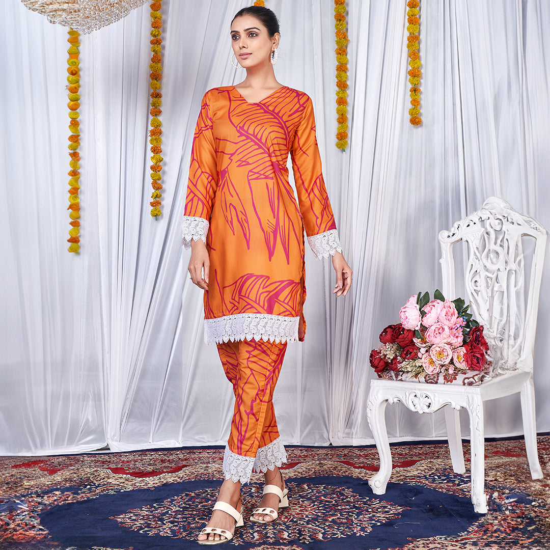 Hot orange printed co-ord set, a bold and vibrant matching ensemble.