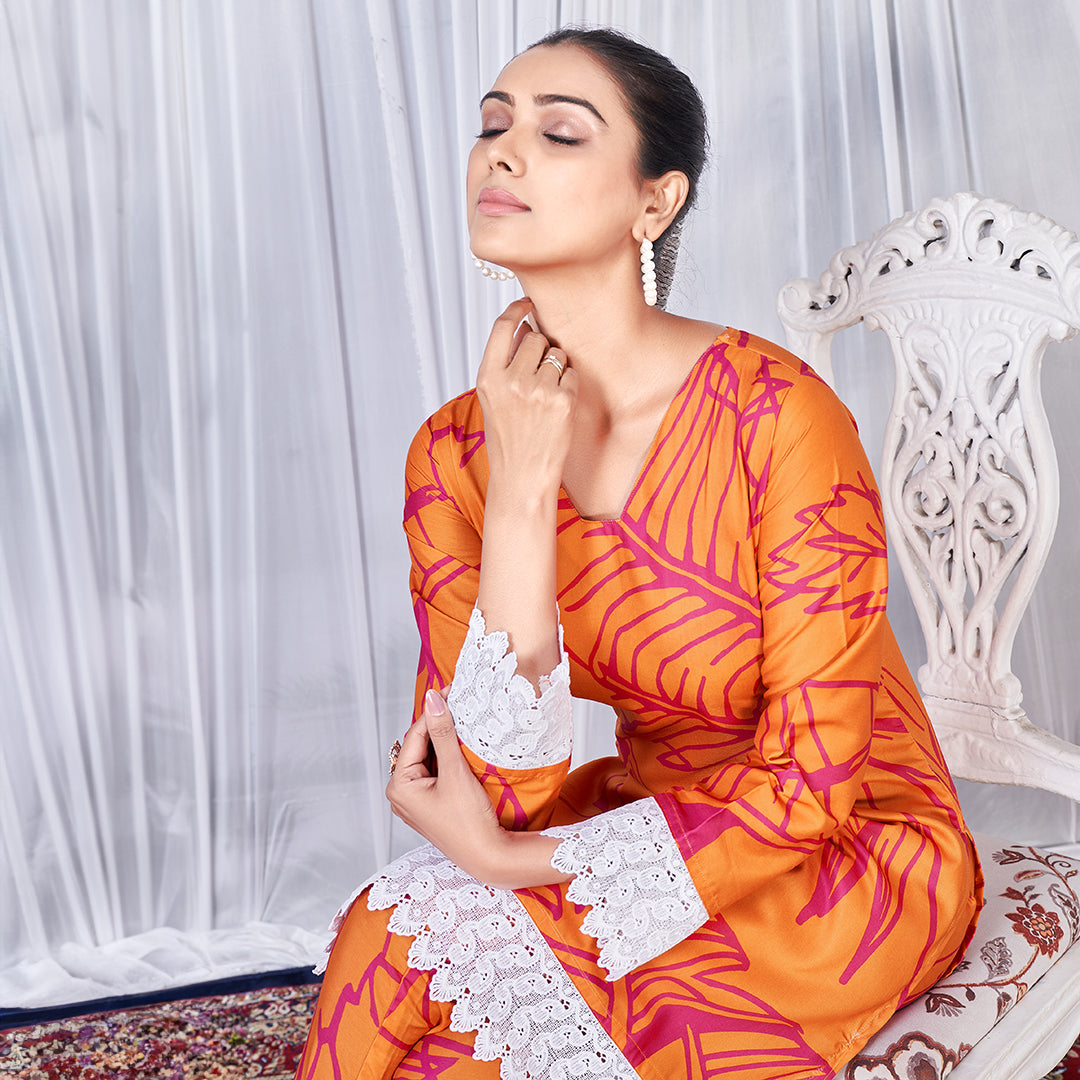 Hot orange printed co-ord set, a bold and vibrant matching ensemble.