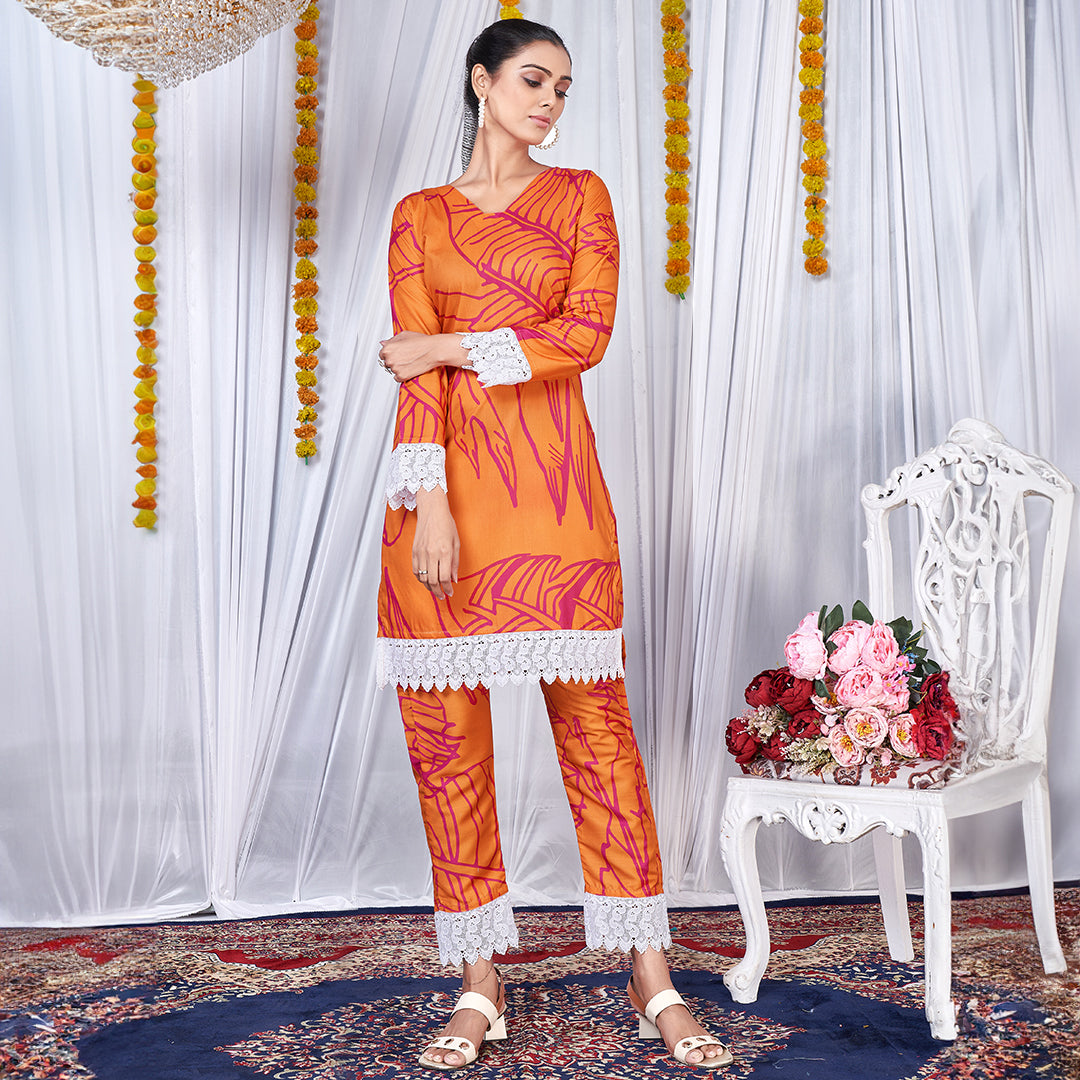 Hot orange printed co-ord set, a bold and vibrant matching ensemble.