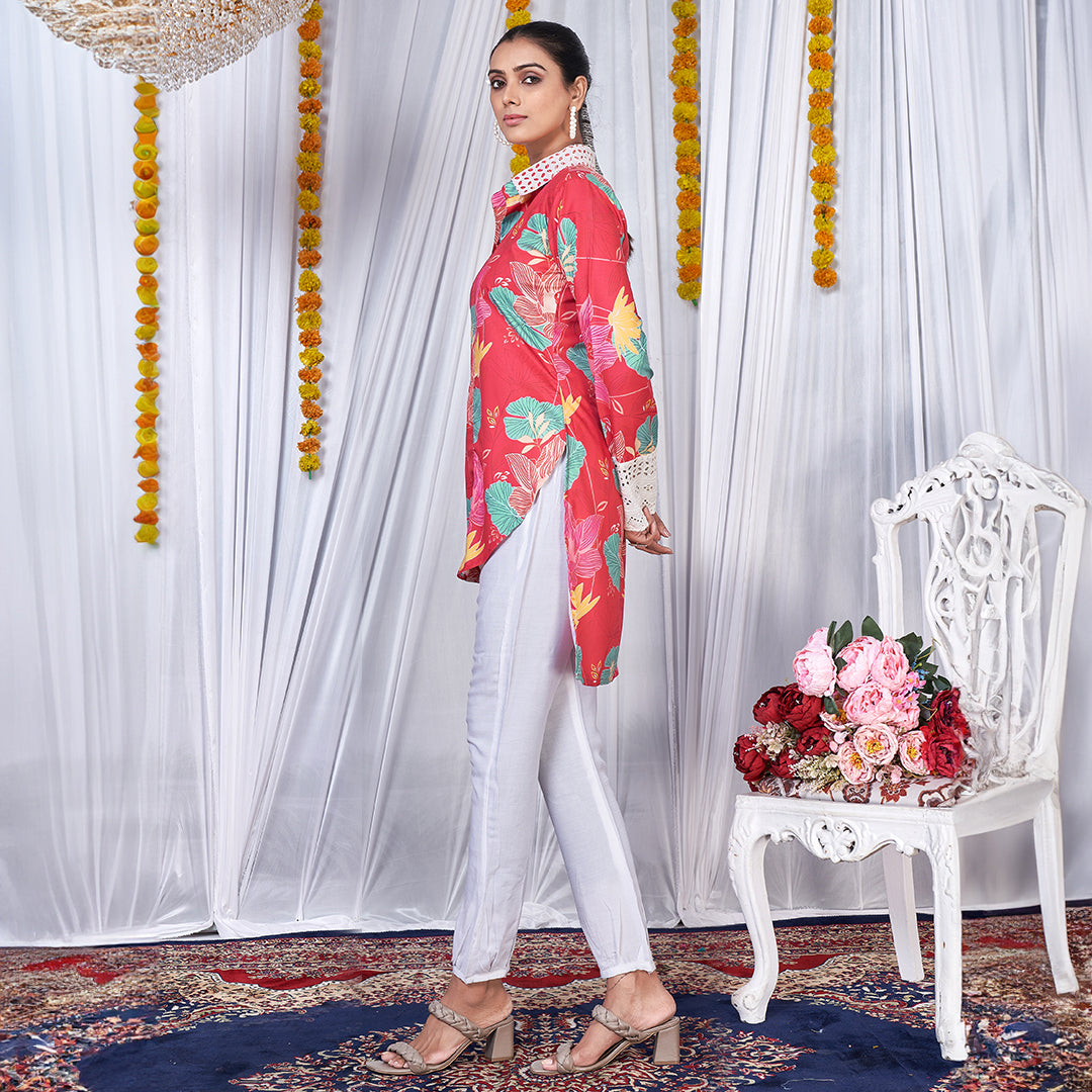 Hot pink floral love printed up & down co-ord set, a vibrant and trendy matching outfit.