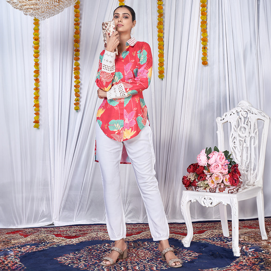 Hot pink floral love printed up & down co-ord set, a vibrant and trendy matching outfit.