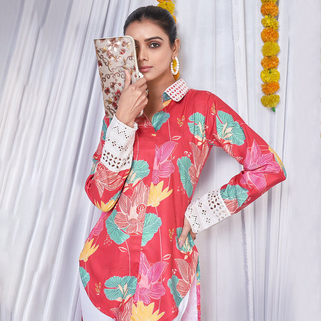 Hot pink floral love printed up & down co-ord set, a vibrant and trendy matching outfit.